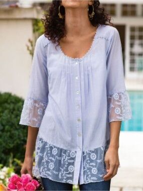 Soft Surroundings Silk Blend Lavender Lace Embellished Tunic Blouse Large